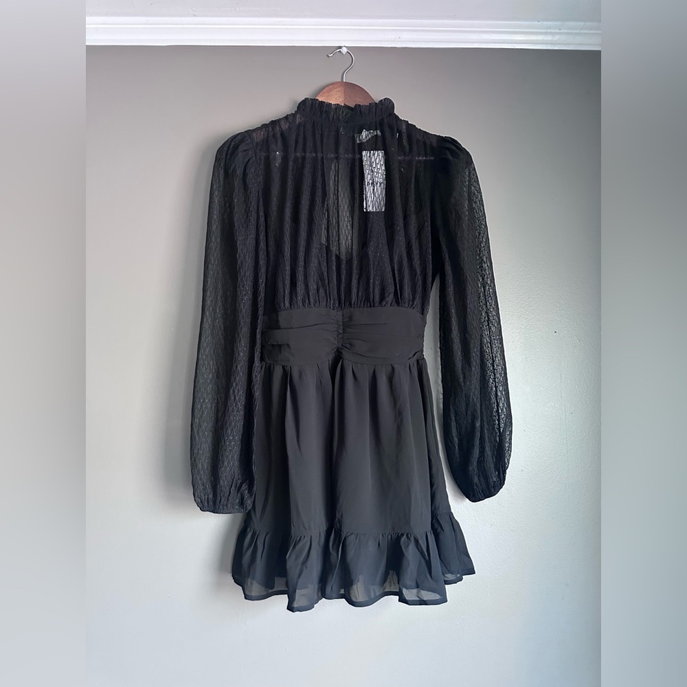 Privy Black Sheer-Sleeve Ruffle Hem Mini Dress Size Small